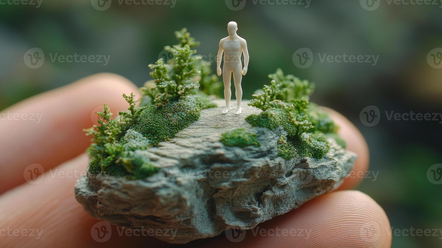 Miniature figure on a tiny rock island with lush greenery photo