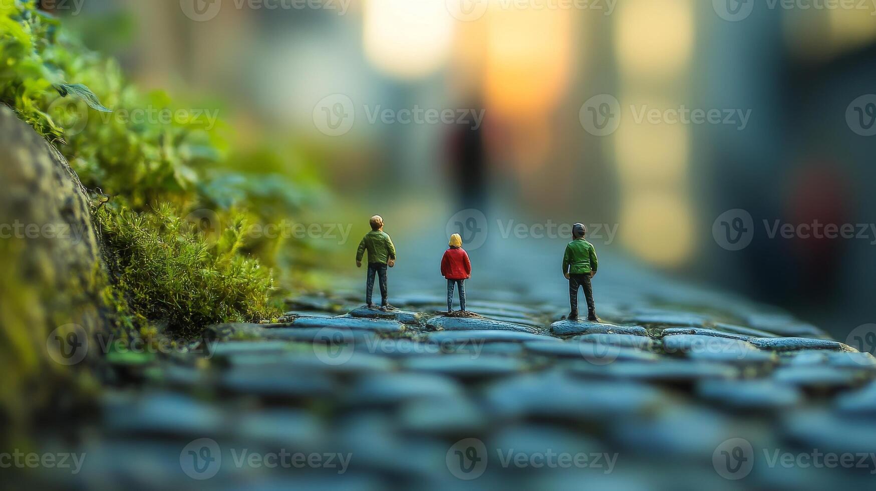 Miniature figures on cobblestone path in urban setting at sunset photo