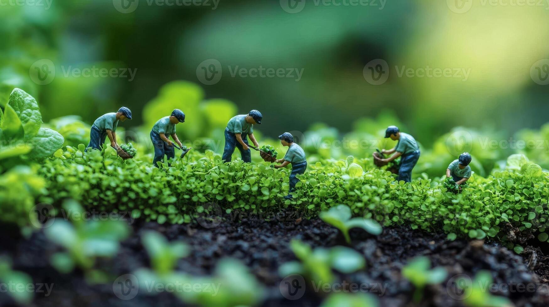 Miniature figures gardening on vibrant green plants in lush garden photo