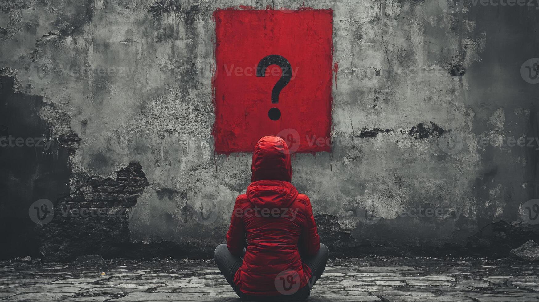 Mysterious figure in red facing wall with red question mark photo