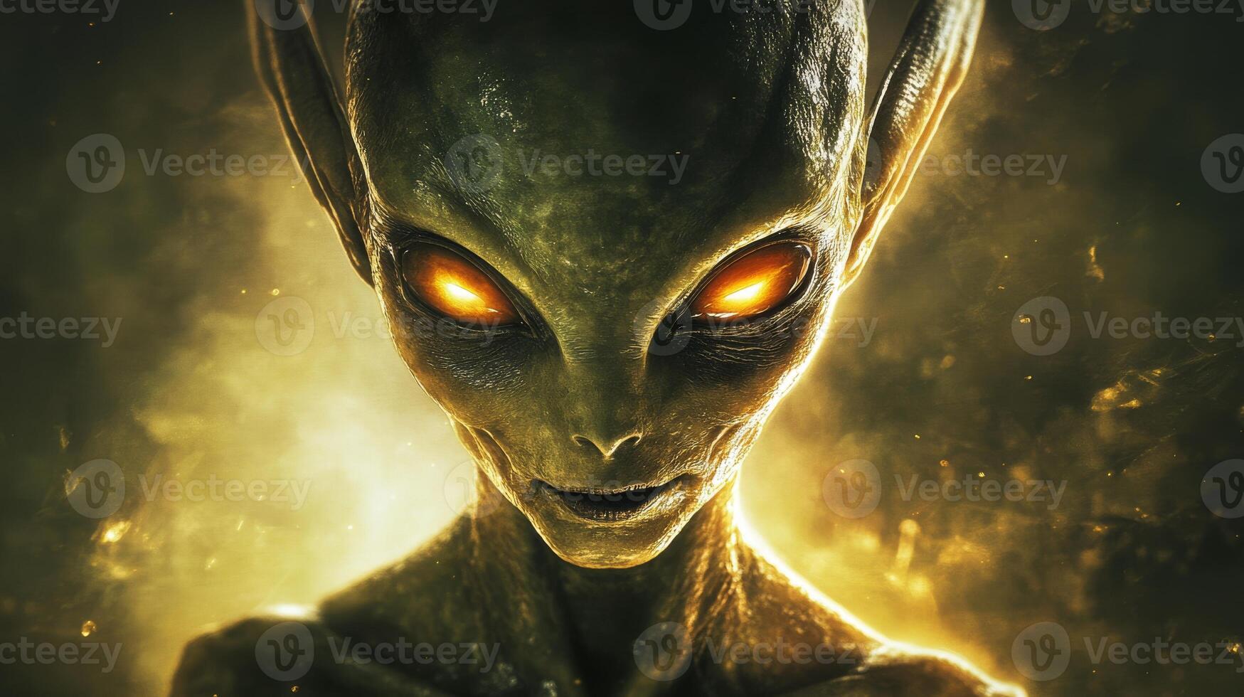 Mysterious alien with glowing eyes in cosmic glow photo