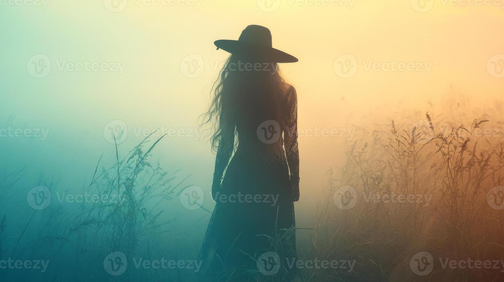 Mystical silhouette of a female in hat amidst foggy, sunset field photo