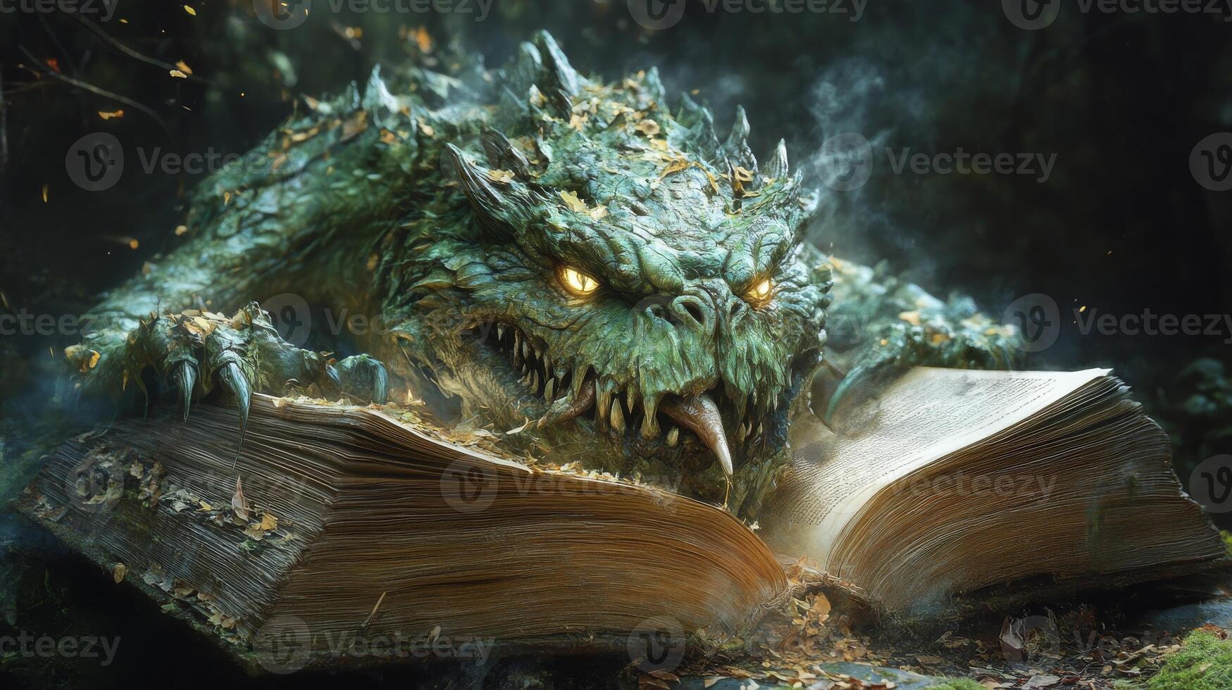 Mystical dragon emerging from ancient book in enchanted forest photo