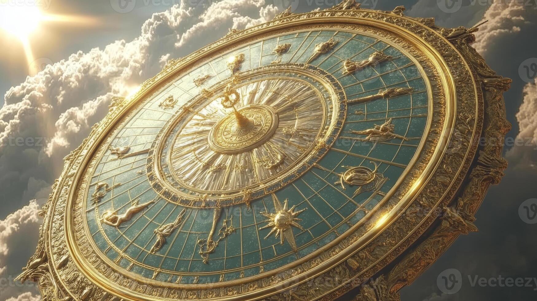 Ornate celestial zodiac clock against a cloudy sky with sunlight photo
