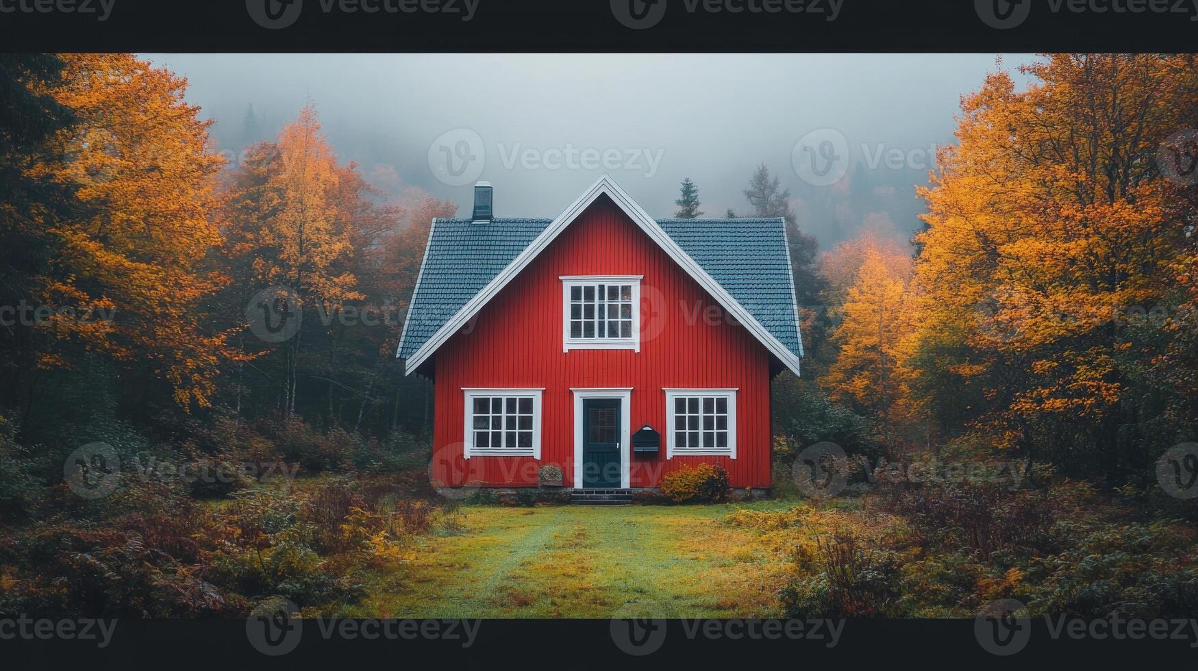 Red scandinavian house amidst autumn foliage in misty forest photo