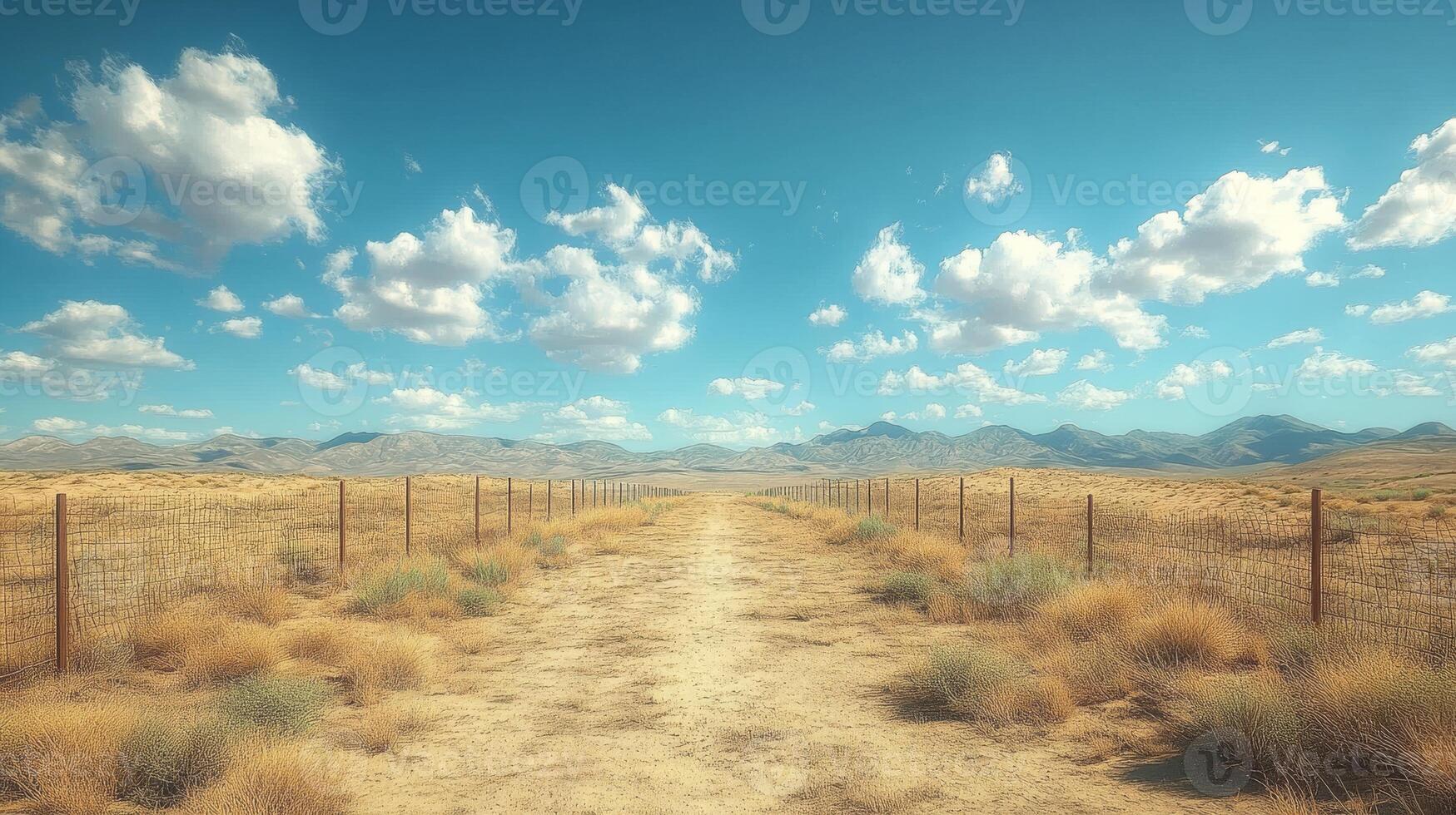 Scenic desert pathway leading to mountains under a cloudy blue sky photo