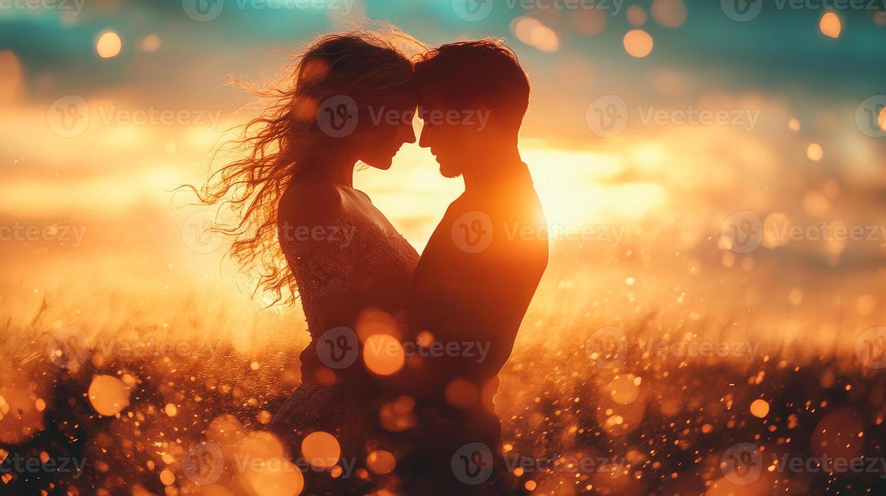 Romantic embrace at sunset with silhouette of young caucasian couple photo