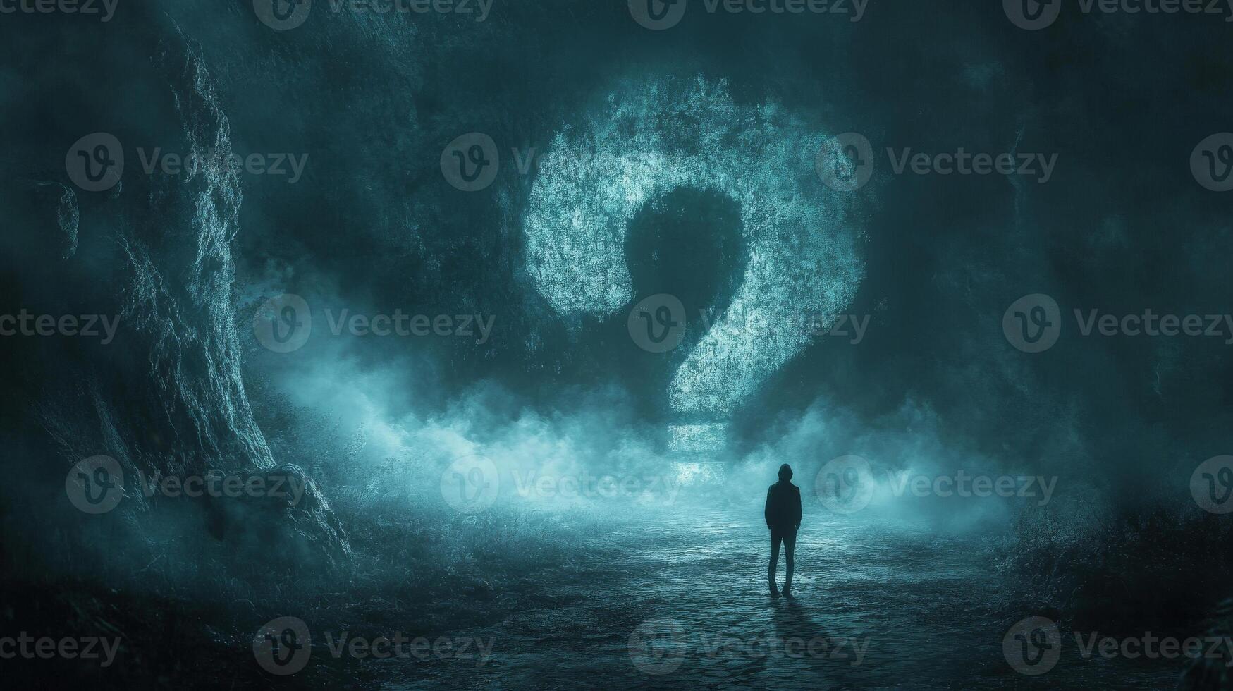 Silhouette of person facing giant glowing question mark in mysterious foggy landscape photo
