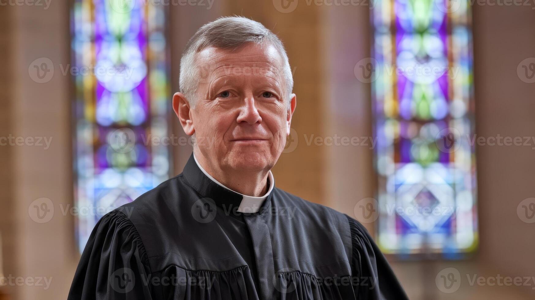 A priest in a black robe standing in front of stained glass windows photo