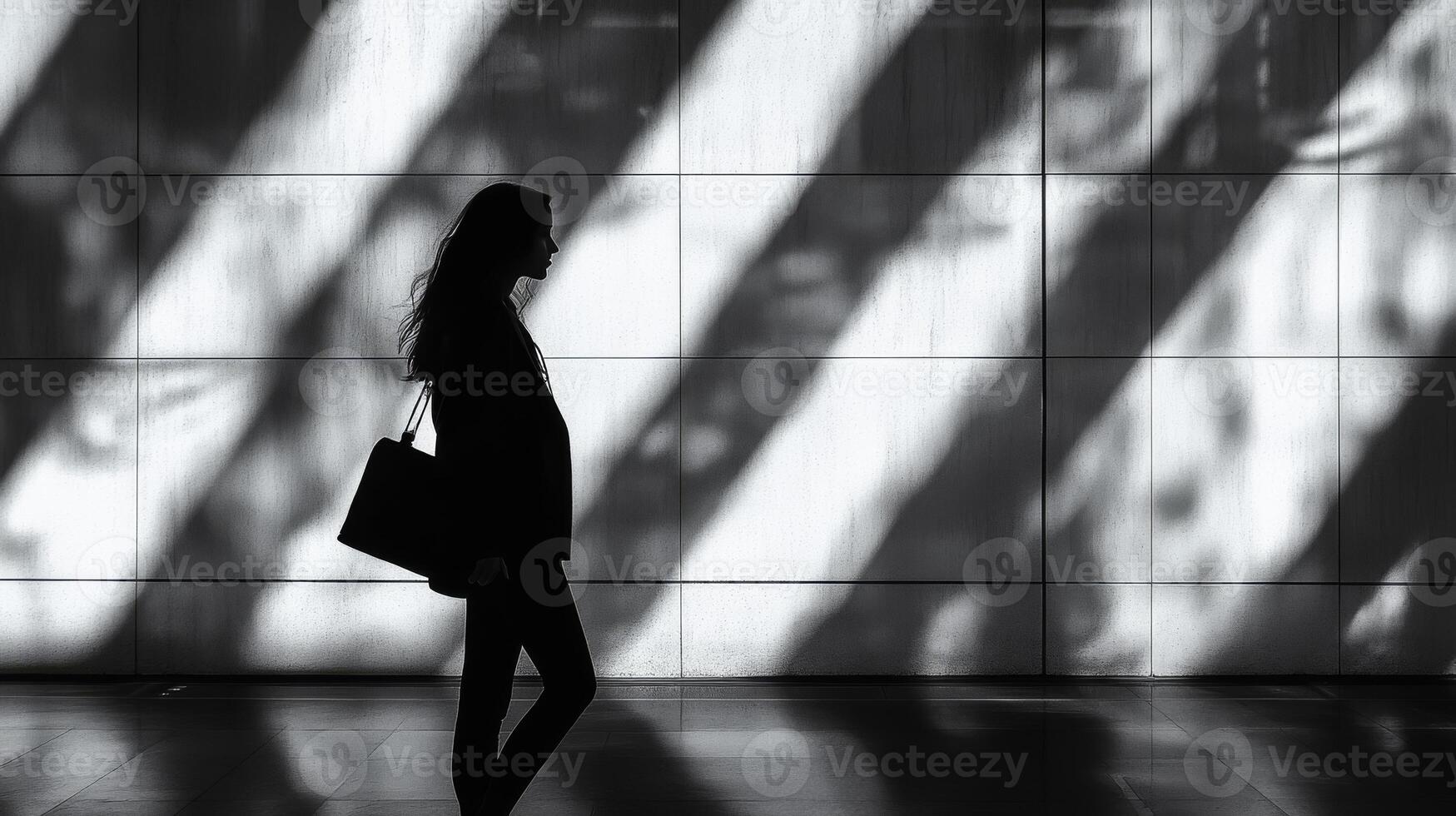 Silhouette of young asian female with handbag against geometric shadowed wall photo