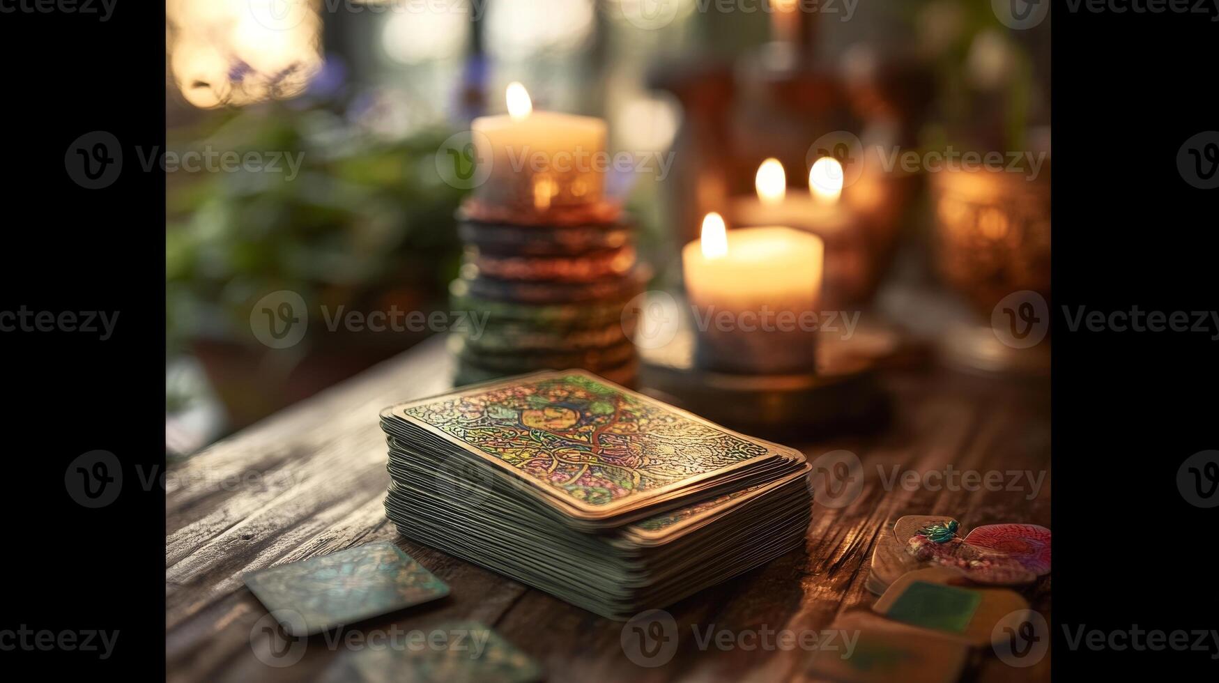 Stack of tarot cards on wooden table with lit candles in cozy ambiance photo