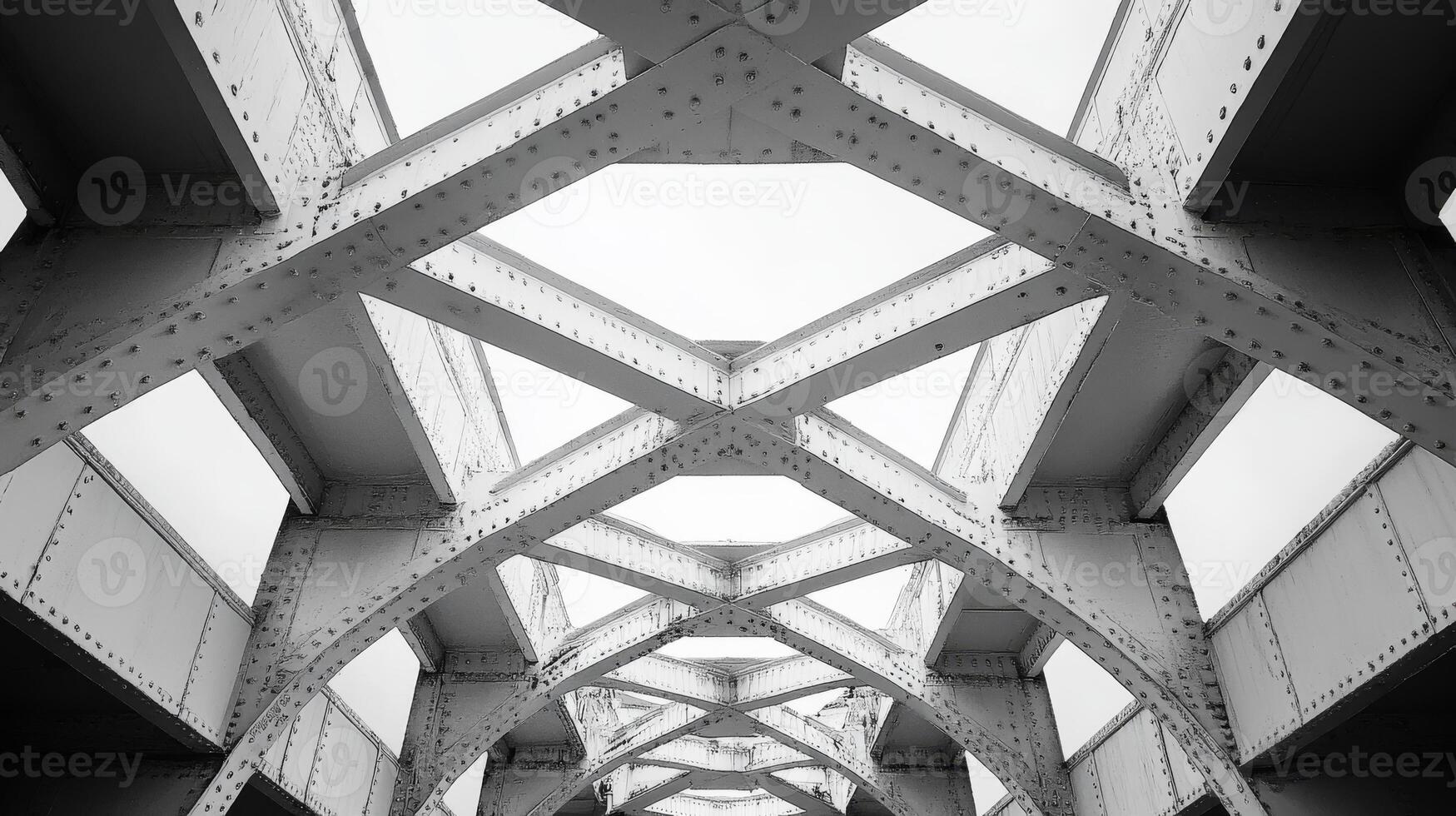 Symmetrical steel bridge structure with geometric patterns in monochrome photo