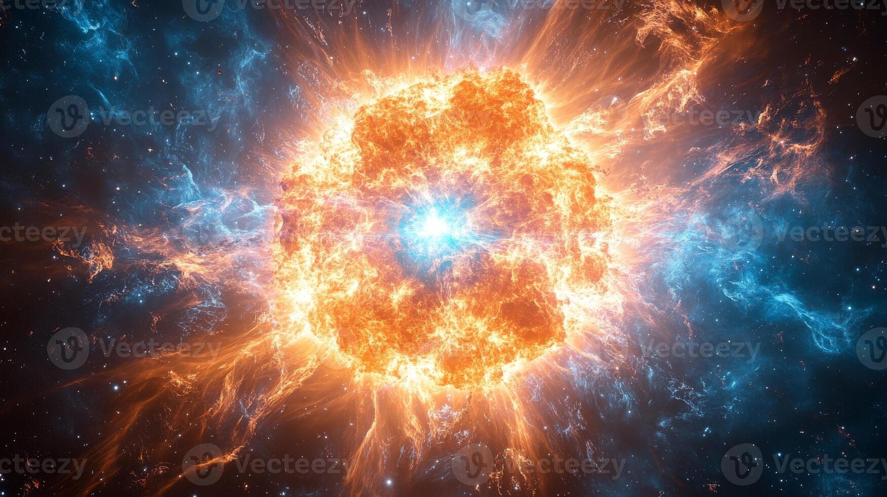 Vibrant cosmic explosion with fiery orange and blue nebula in space photo