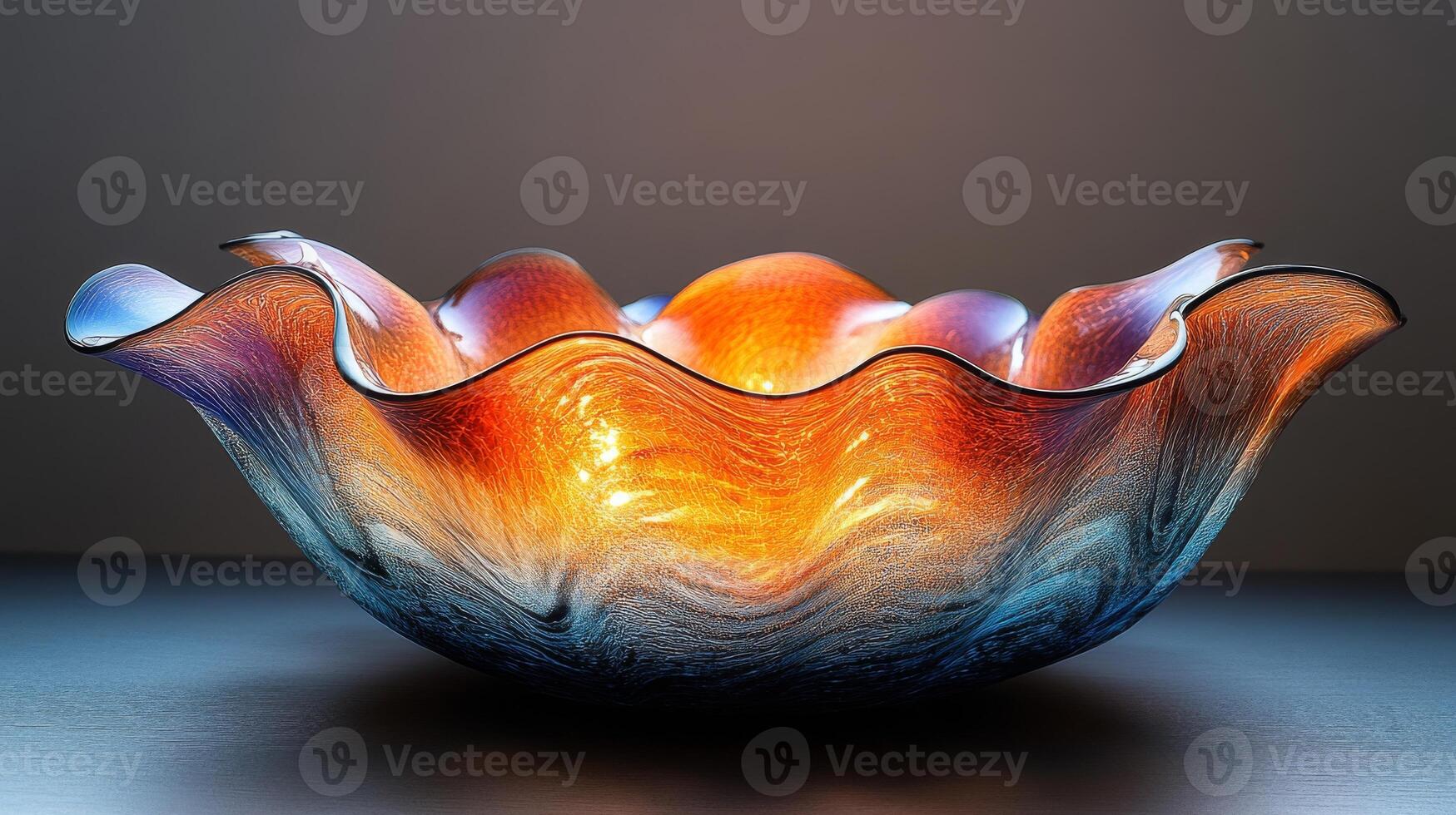 Vibrant handcrafted glass bowl with multicolor waves and warm lighting effect photo