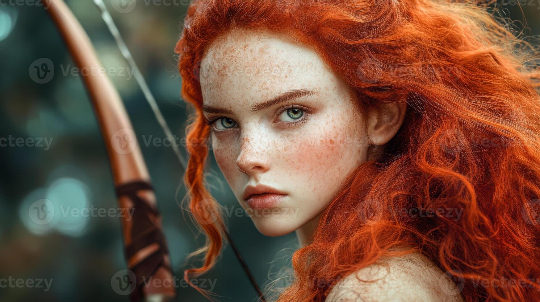 Young caucasian female archer with red hair in forest setting photo