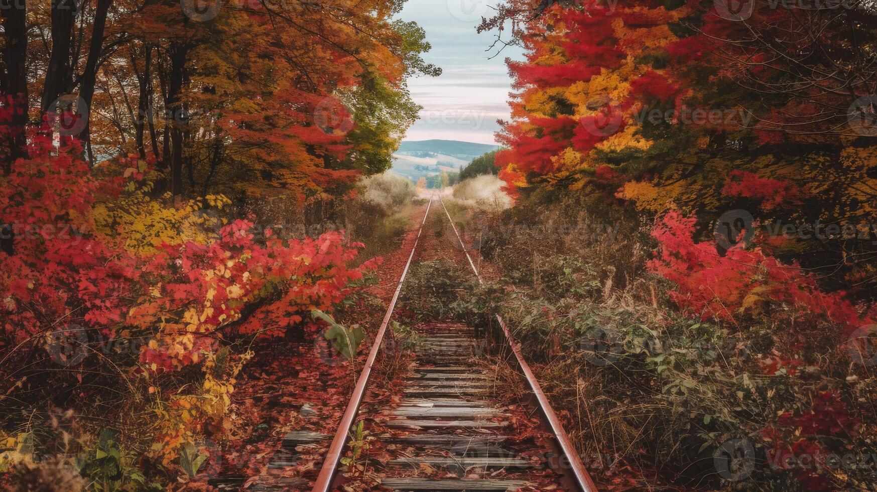 A railroad track surrounded by fall foliage photo