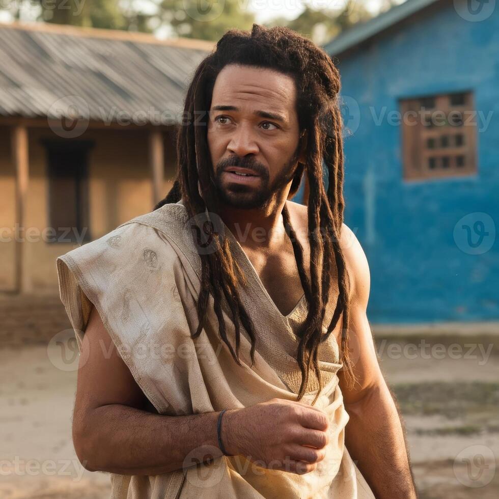 A man with dreadlocks standing in front of a blue building photo