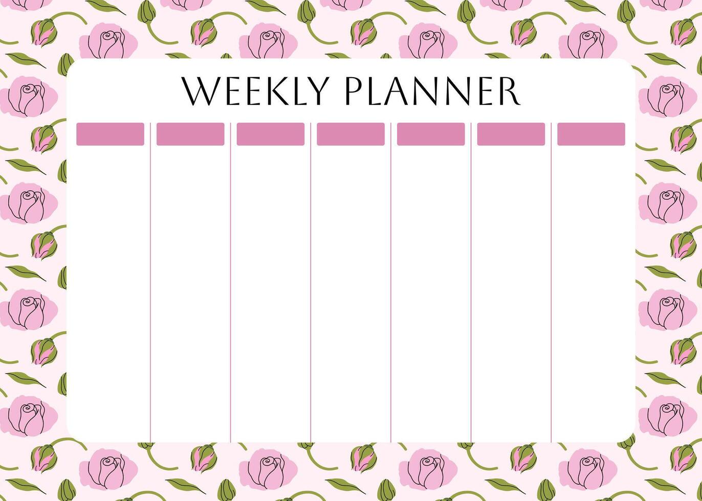 Weekly planner with trendy floral pattern. garden pink roses, spring flowers and leaves background for notes. Cute school planner is for 7 days. Kids schedule design template. flat illustration vector