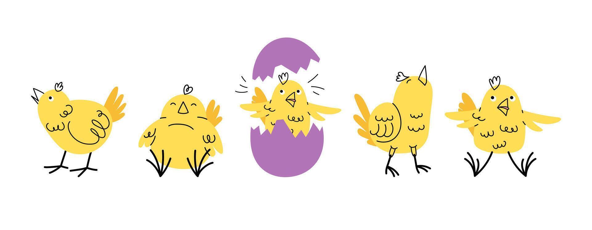 Set of cute Easter yellow chickens in doodle style. Hand drawn collection character in different poses. flat illustration. vector