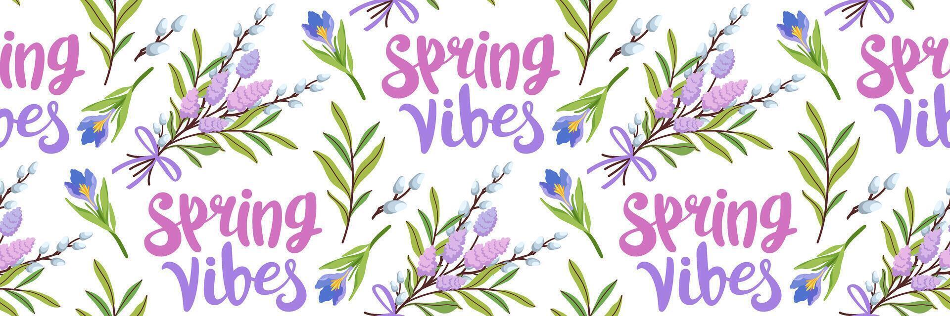 Spring vibes seamless pattern. Delicate floral background. Bouquet of seasonal flowers, willow branches, crocuses and lilac. For wallpaper, textiles, wrapping paper, postcards. illustration. vector