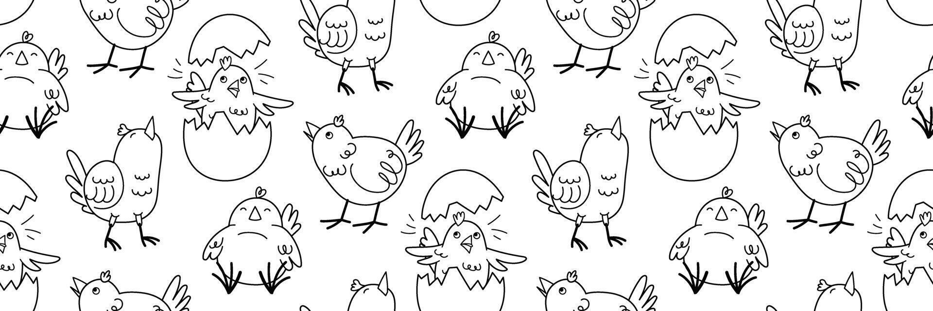 Cute Easter doodle pattern with funny yellow chick in various poses. Funny character in broken egg. Horizontal spring background. outline illustration. vector