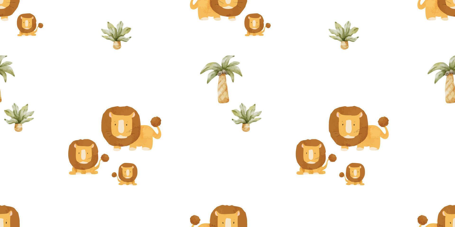 African lion family and palm trees. Kids watercolor seamless surface pattern design of cute savannah animals. Childish jungle background. Safari Print for wrapping paper, bed linen, clothes vector