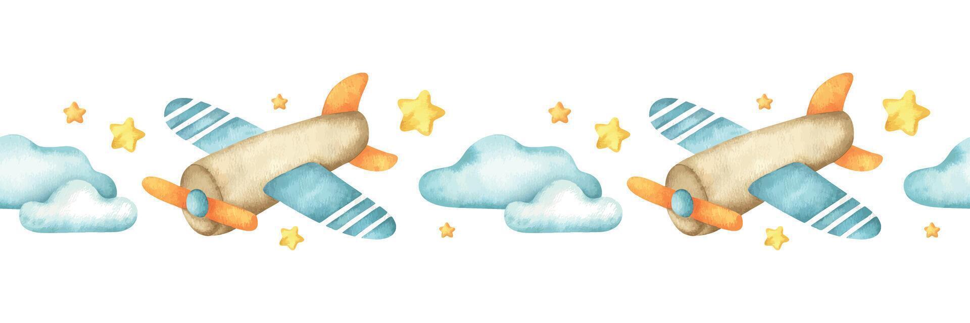 Colorful airplane toy, clouds and stars. Isolated watercolor seamless border of baby aircraft. Repeat banner of Air Transport for children goods design, textile, bed linen, wallpaper vector