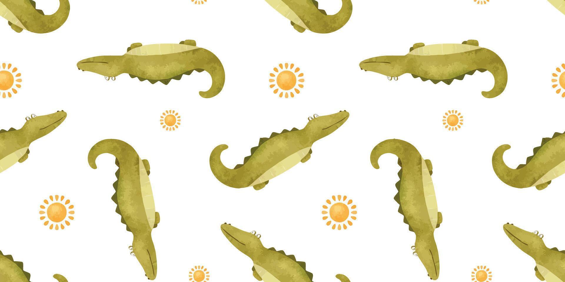 Green baby crocodiles and suns. Kids summer Watercolor seamless surface pattern design of cute alligators. Childish jungle background. Safari Print for Packaging paper, bed linen, scrapbook, clothes vector