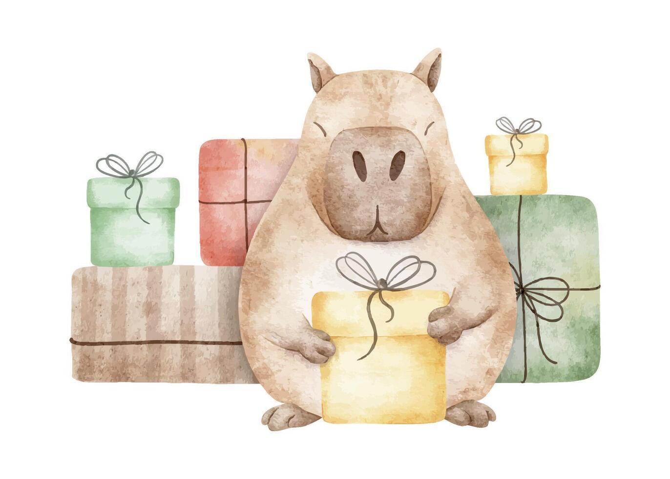 Capybara and Lots of colorful gift boxes. Celebrates Birthday concepts. Hand drawn watercolor illustration of cute rodent animal. Guinea pig for birthday card, congratulation, poster, party decor vector
