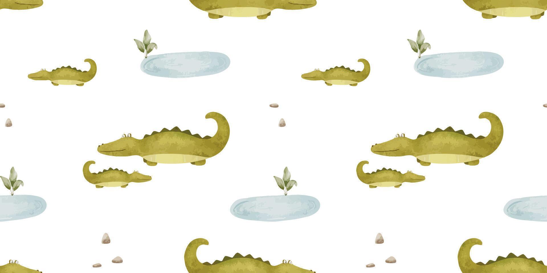Crocodiles family and lake. Kids watercolor seamless surface pattern design of cute alligator mom and baby. Childish jungle background. Safari Print for Packaging paper, bed linen, scrapbook, clothes vector