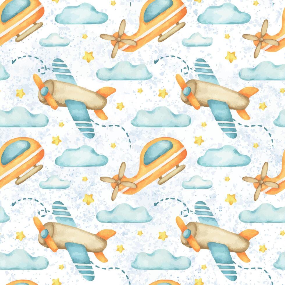 Toy helicopter and airplanes with propeller, arrow, cloud, star. Watercolor seamless surface pattern design on blue background. Print of aircraft for baby goods design, textile, wallpaper, bed linen vector