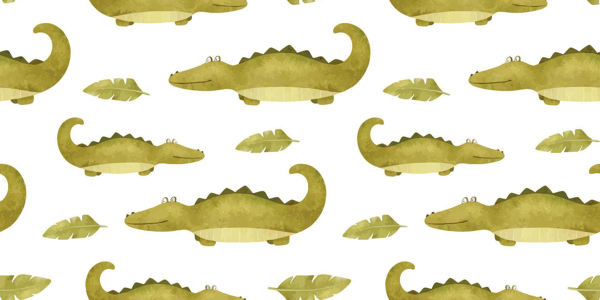 Green baby crocodiles. Cute baby Watercolor seamless pattern of alligators. Childish jungle background. Safari Print for design kid's goods, bed linen, fabric, clothes vector