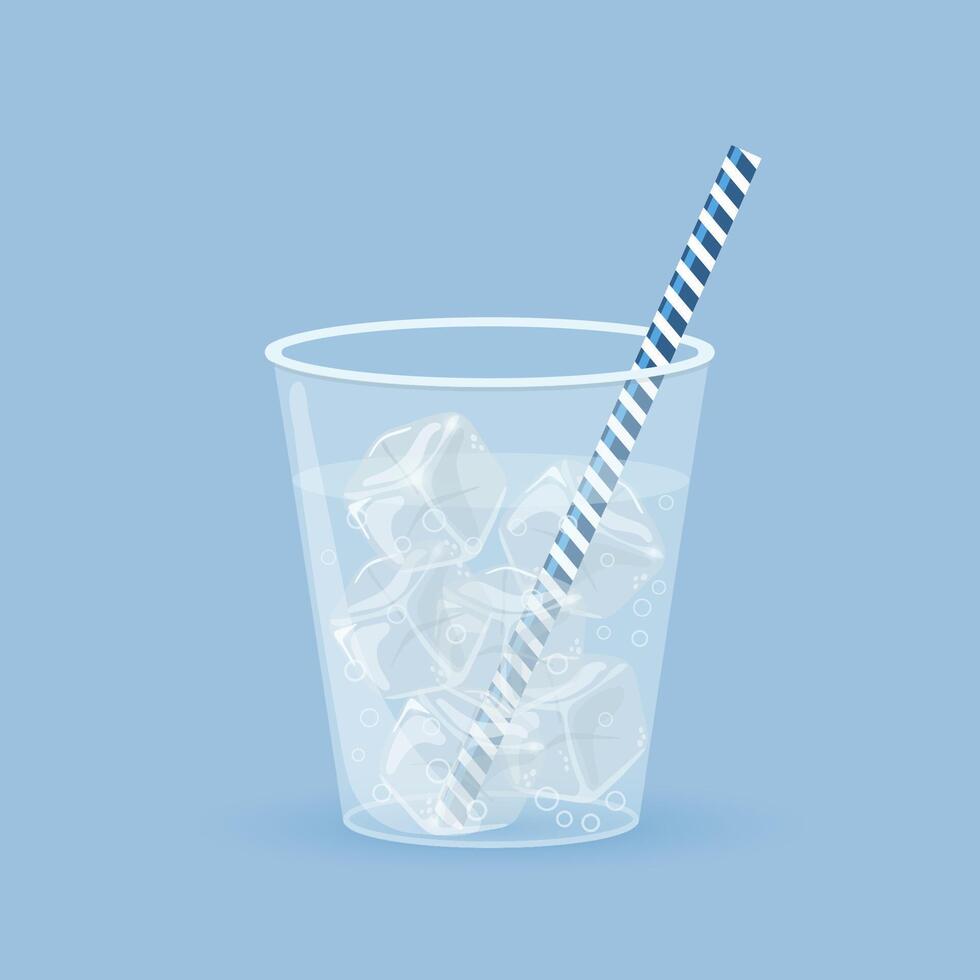 Glass of water with ice, bubbles and a straw. Graphic design. vector