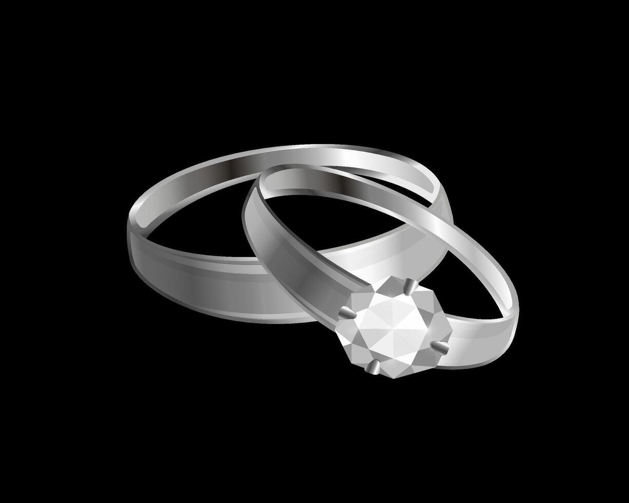 Wedding silver rings, one of them has a diamond. Black background. Graphic design. vector