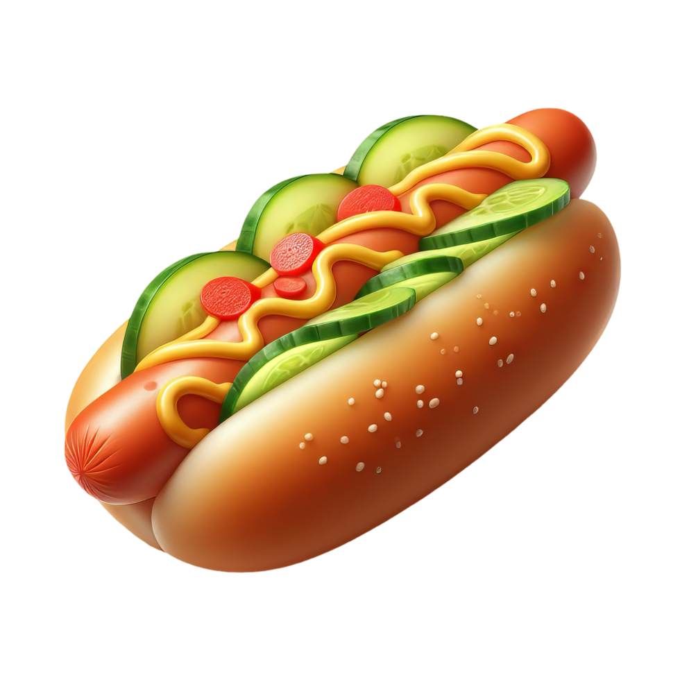 A hot dog with cucumbers and tomatoes on it png