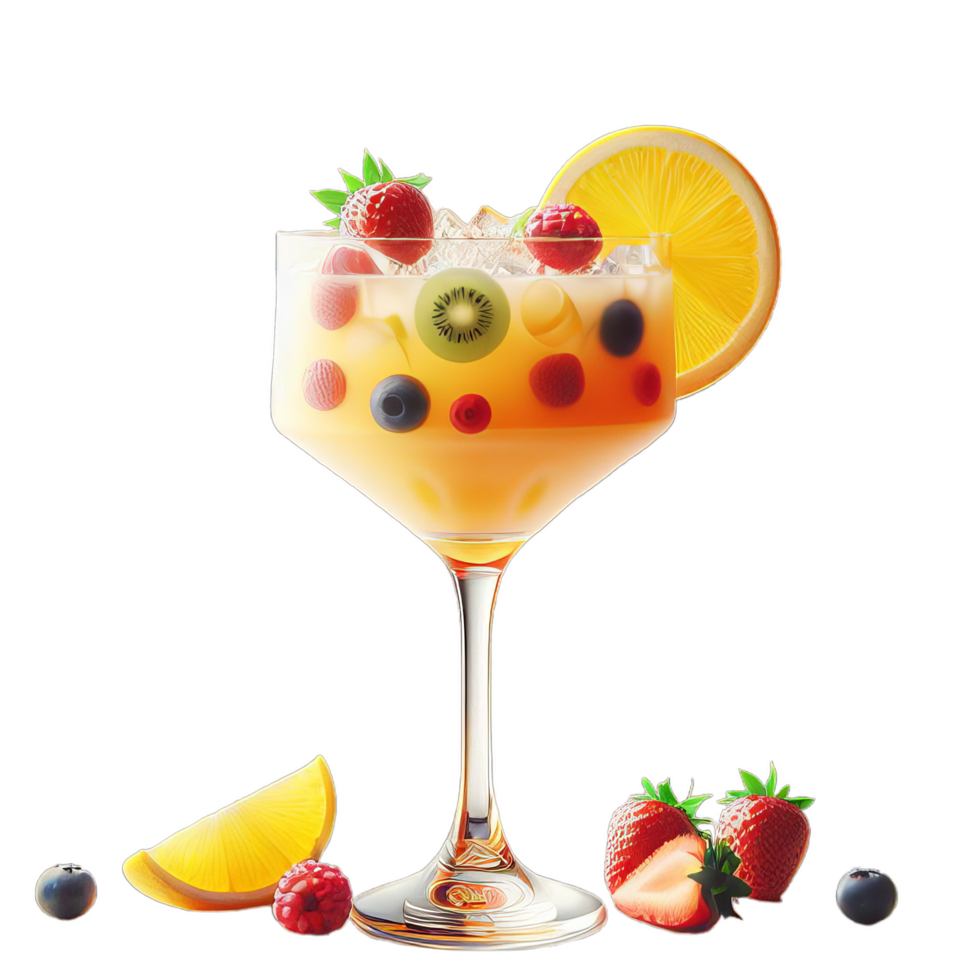 A glass of orange juice with fruit and berries png