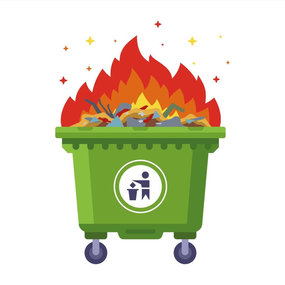 a green garbage container in which a fire burns. vector