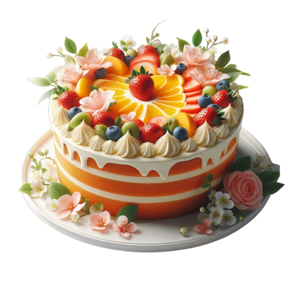 A cake with fruit and flowers on it png