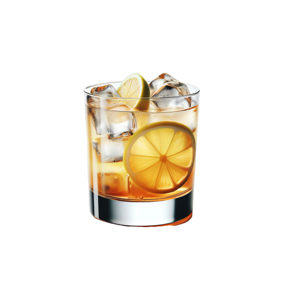 A glass of whiskey with lemon slices png