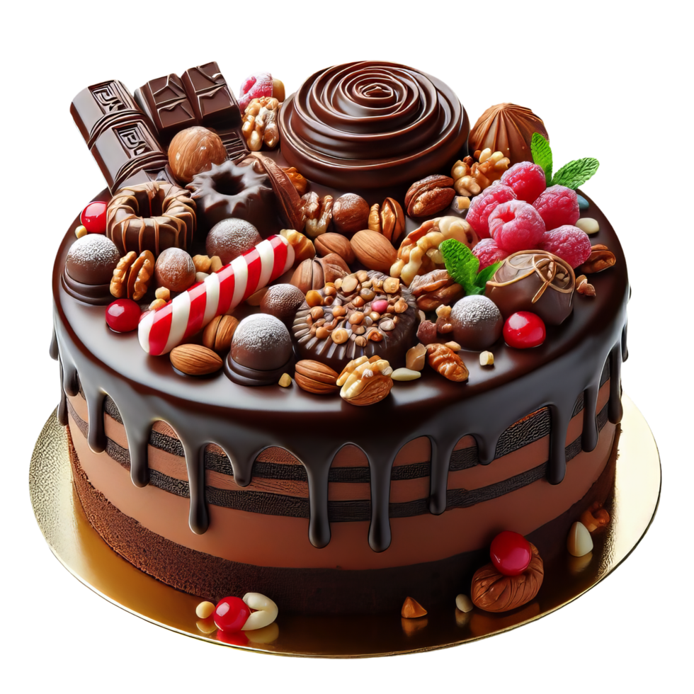A chocolate cake with nuts and candy on top png