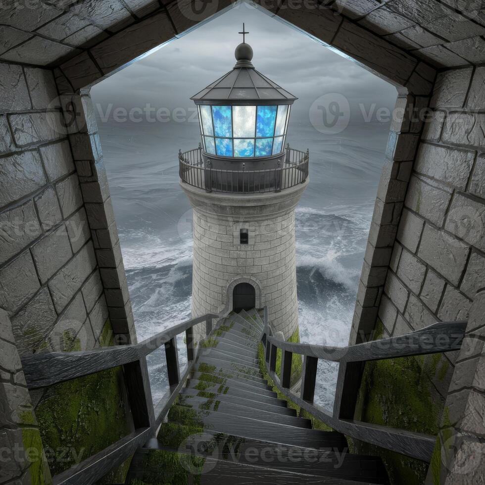 A lighthouse is shown through a door with stairs leading to the ocean photo