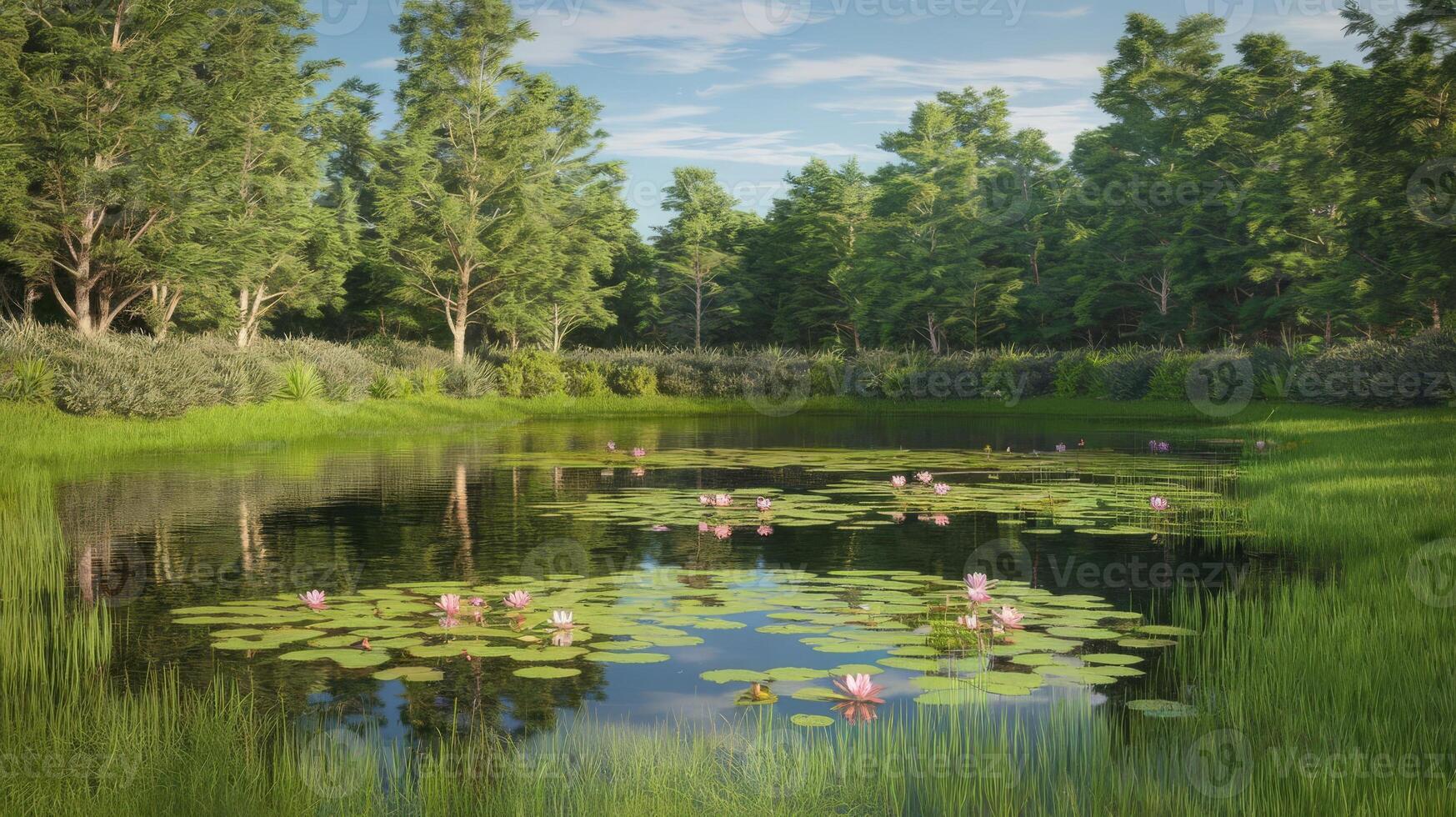 A pond with water lilies in the middle of a green field photo