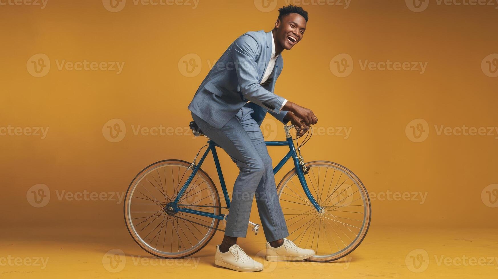 A man in a suit riding a bicycle photo