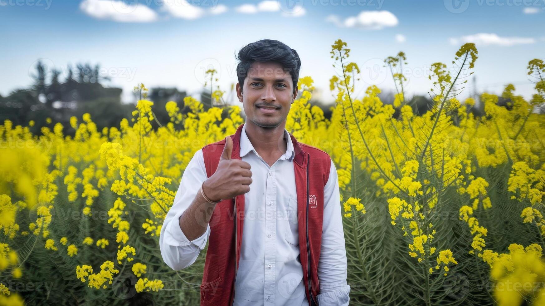 A man in a mustard field with a thumbs up photo