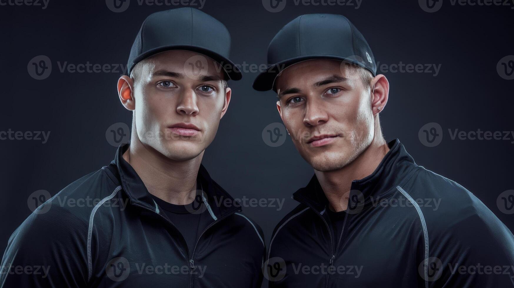 Two men in black uniforms posing for the camera photo
