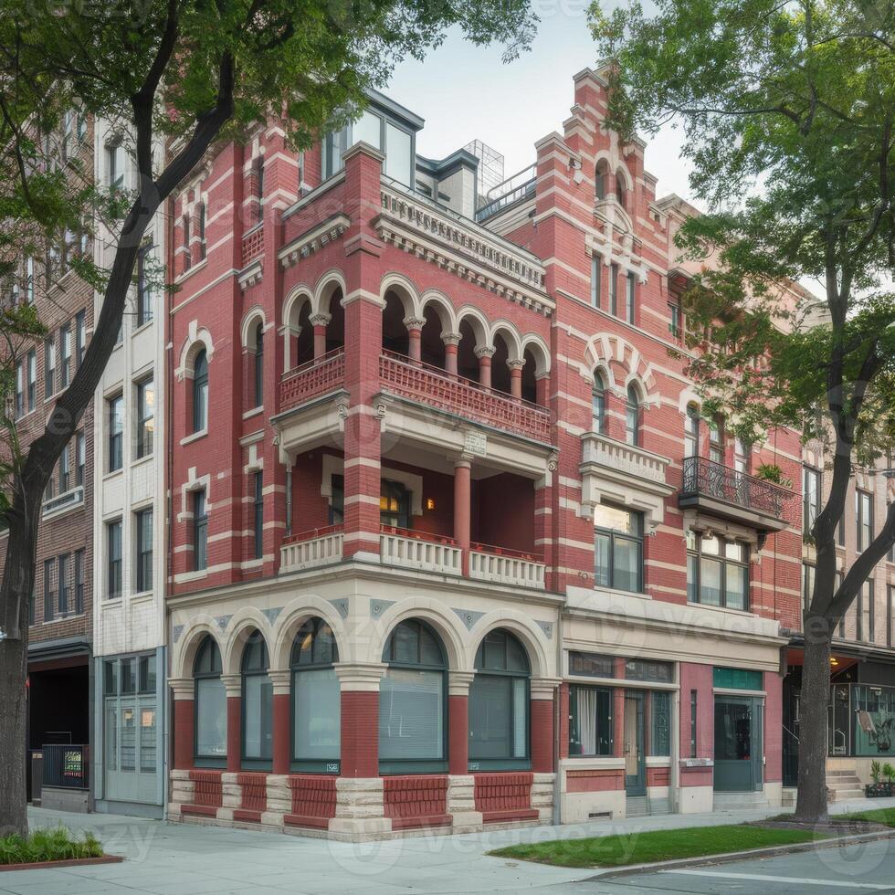 The building is red and has a lot of windows photo