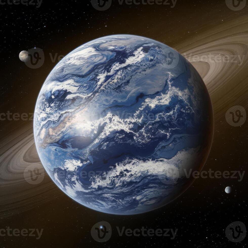 An artist's rendering of the earth and its moons photo