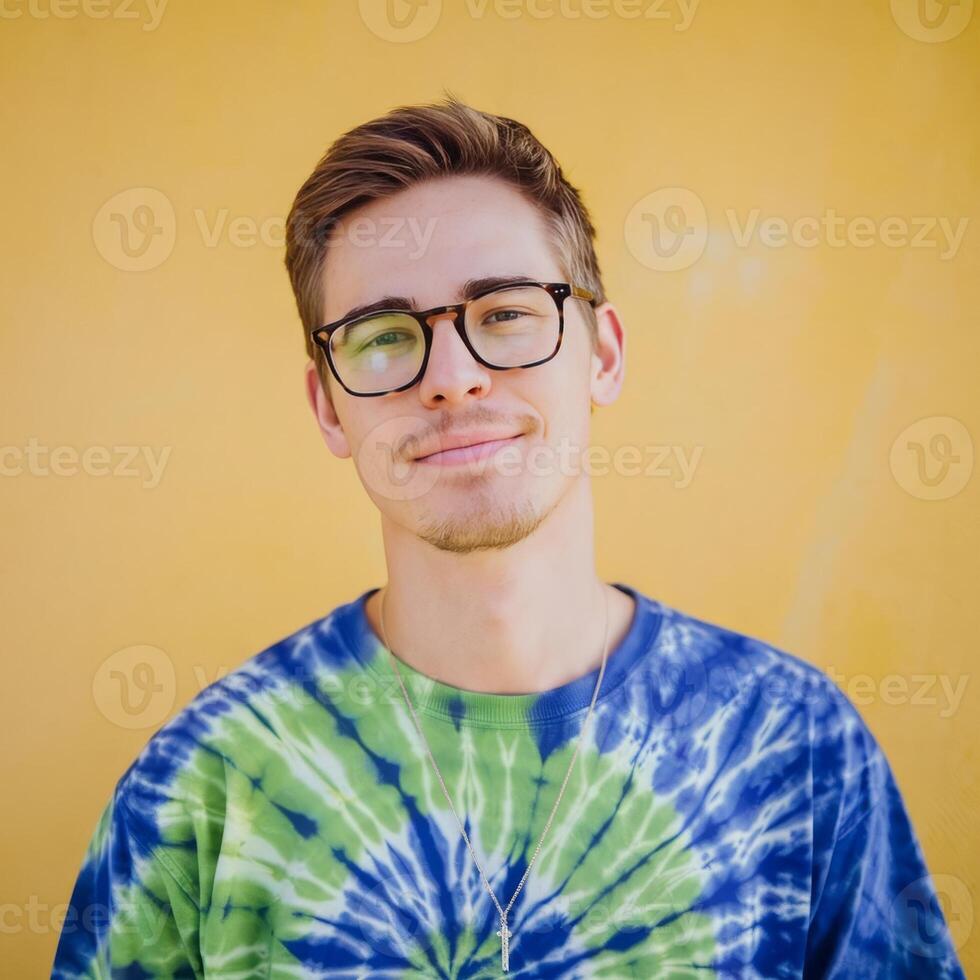 A young man wearing glasses and a tie dye shirt photo
