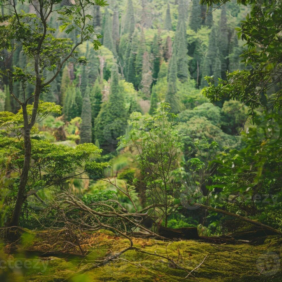 A forest with trees and green plants photo