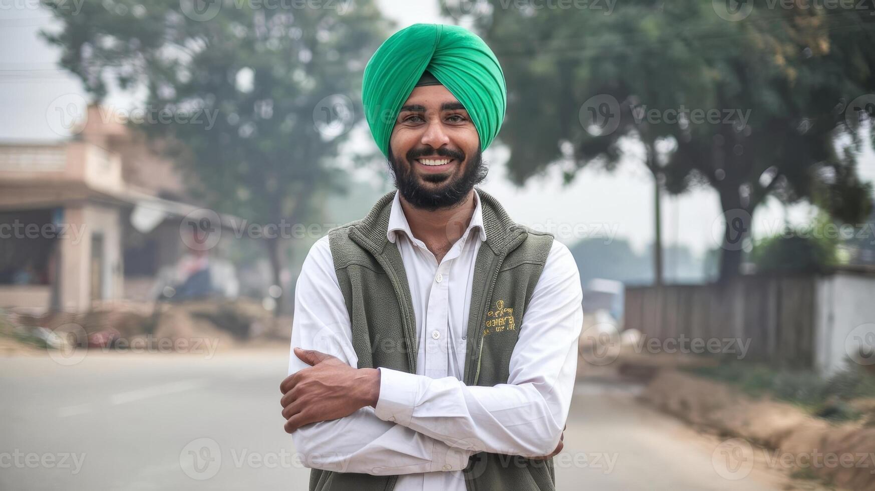 A man with a green turban standing on a street photo
